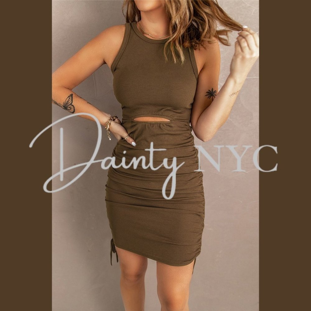Ruched Drawstring Bodycon Mini Dress BROWN - Picture 4 of 10
